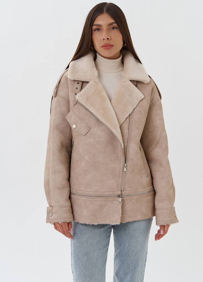 фото Женская дубленка из эко кожи с английским воротником модель № 27752