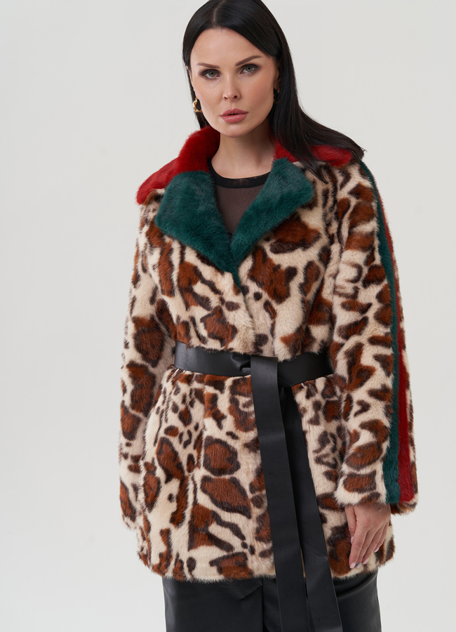 Полупальто с анималистичным принтом из эко меха модель № 25420 в кредит