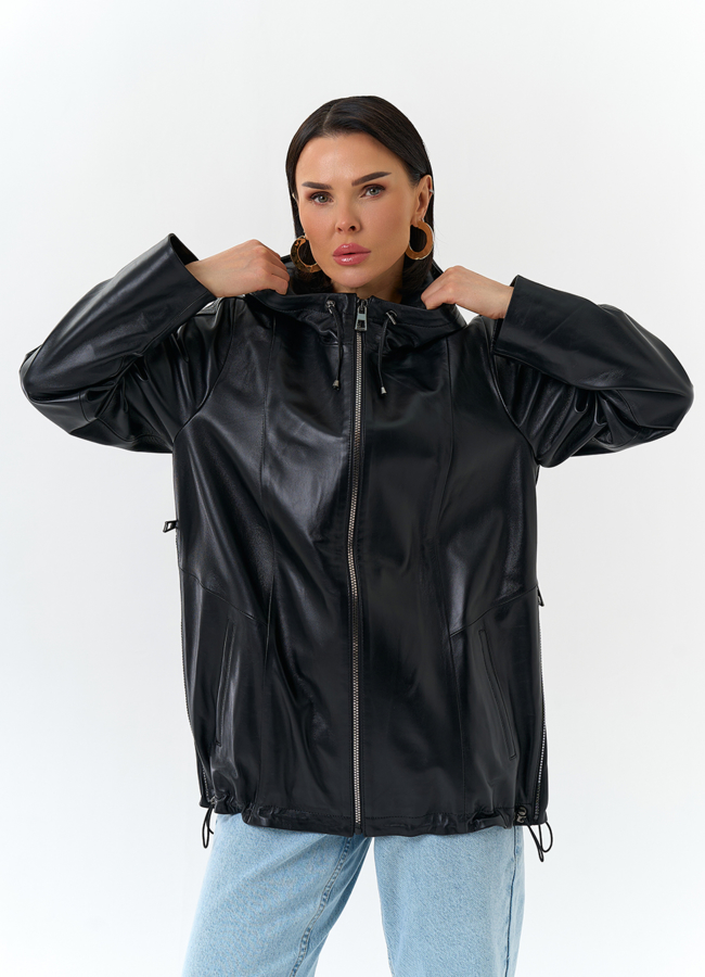 фото Женская куртка из натуральной кожи с капюшоном модель № 