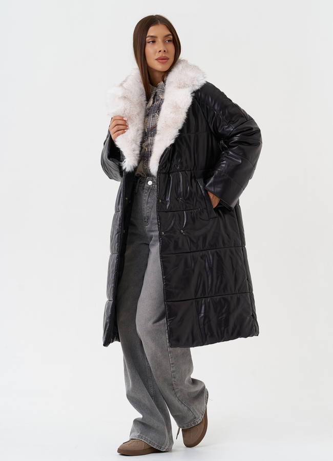 Пуховик из эко кожи с английским воротником модель № 23364 универмаг малина