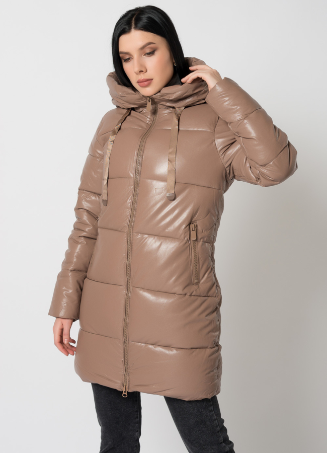 Пуховик из эко кожи с капюшоном модель № 2123 универмаг малина