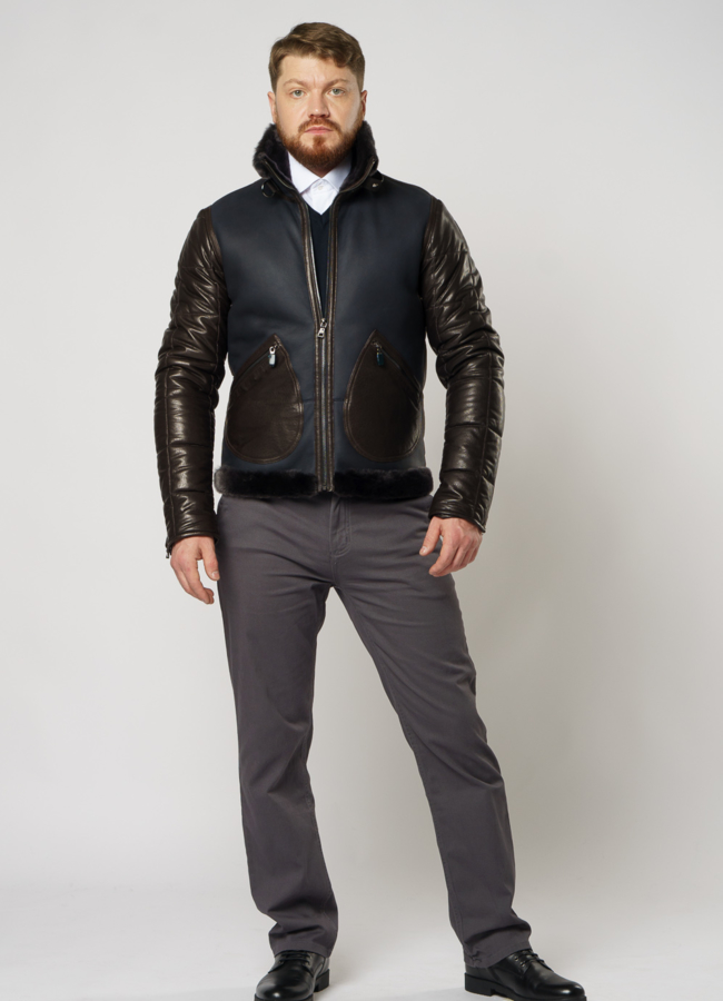 Мужская дубленка на молнии с воротником стойка модель № DM-134 меха малина