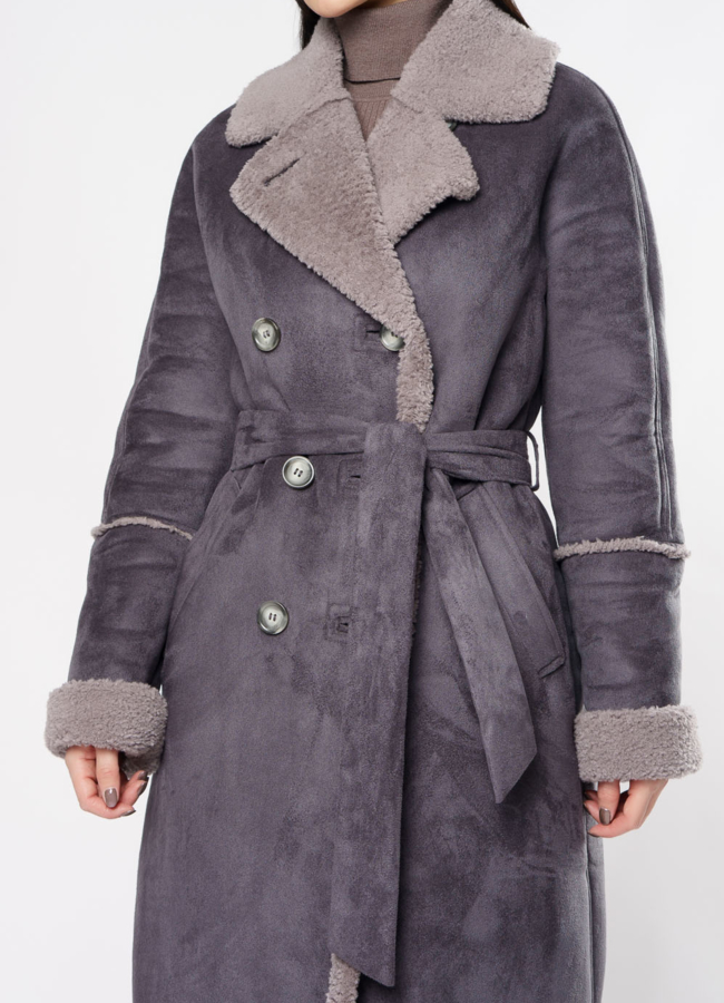 Удлиненная дубленка из эко кожи с поясом модель № 18264 универмаг малина