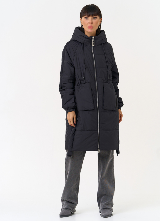 Женское пальто с капюшоном черного цвета модель № 31549 универмаг малина