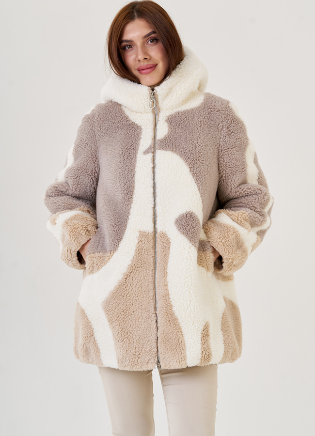 Женское полупальто из эко меха с капюшоном модель № 23421 меха малина