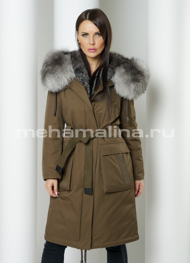 Меховая парка в цвете хаки, отделка фрост модель № 610 меха малина