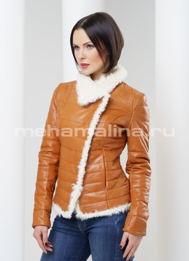 Демисезонная кожаная куртка с мехом модель № K-256 меха малина