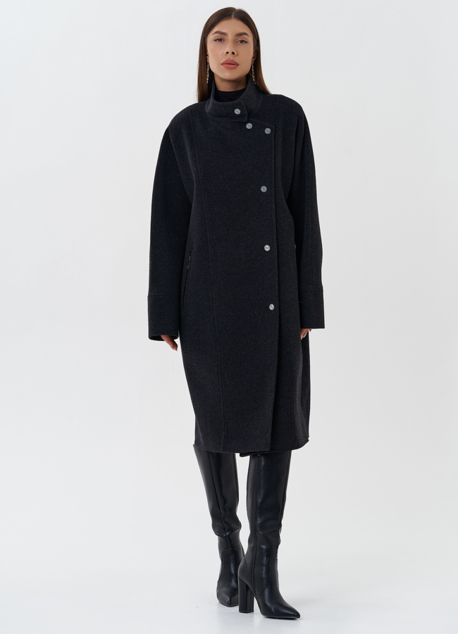 Женское пальто серого цвета модель № 27673 меха малина