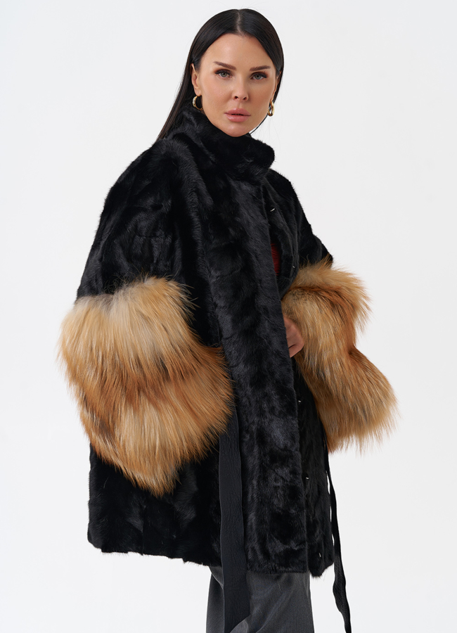 Норковая шуба с лисой модель № 29217 универмаг малина