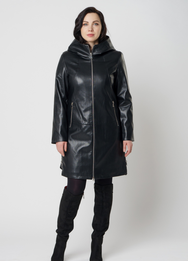 фото Пальто женское из эко кожи черного цвета модель № 18249