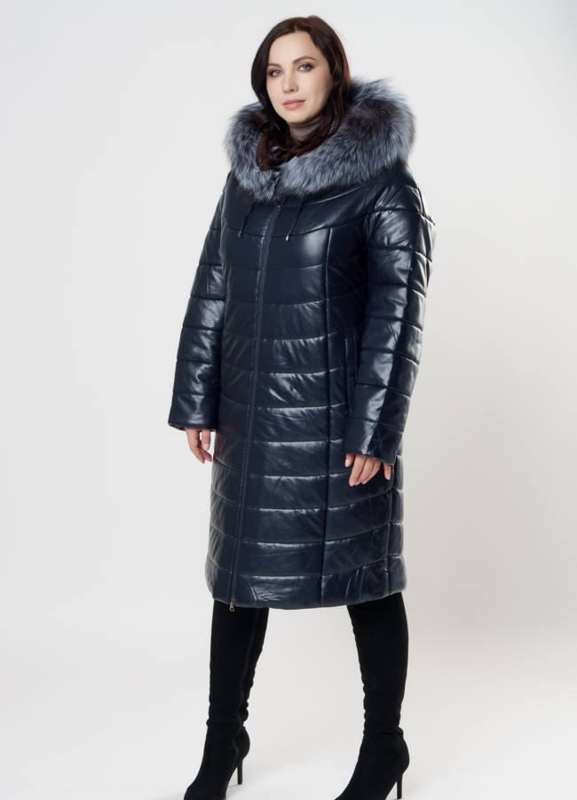 фото Пуховик из эко кожи синего цвета с капюшоном модель № 11665