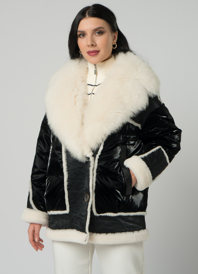 Женский пуховик с отделкой из овчины модель № 21865 универмаг малина