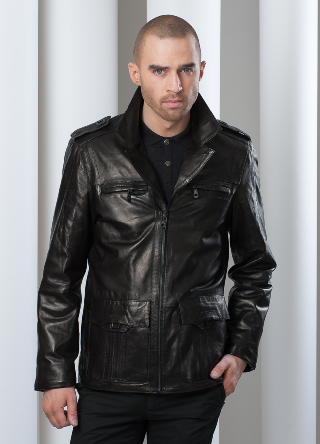 Кожаная куртка на молнии с английским воротником модель № KP-29 в кредит