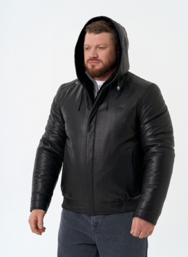 Мужской пуховик из натуральной кожи с капюшоном