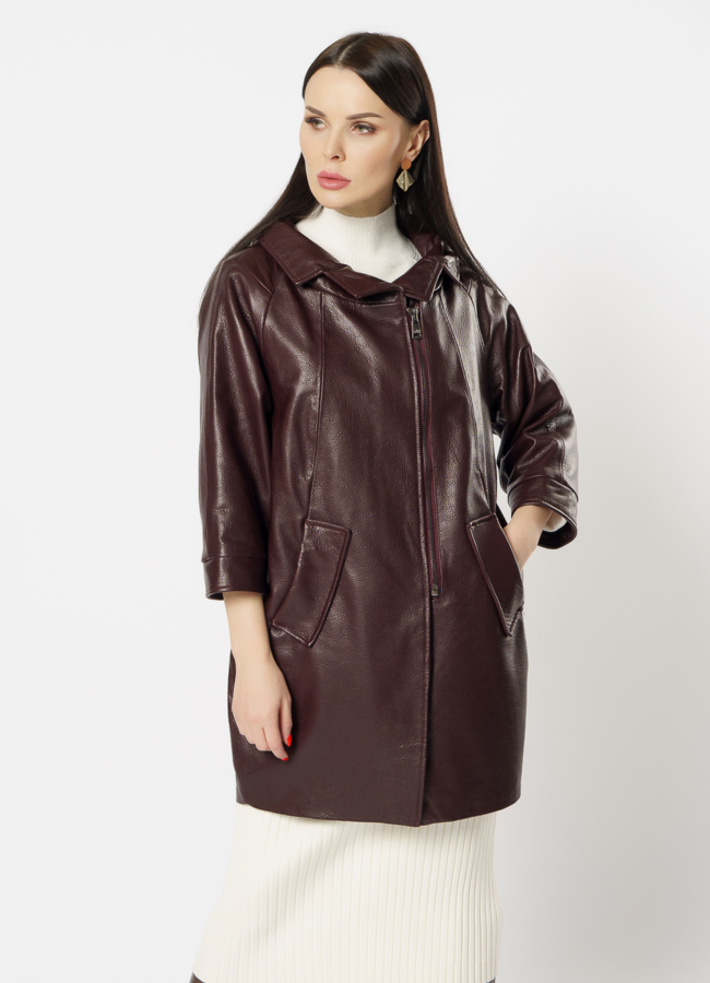 Кожаное пальто модель № 10865 меха малина