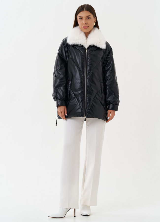 Пуховик из эко кожи с воротником из эко меха модель № 25468 в рассрочку