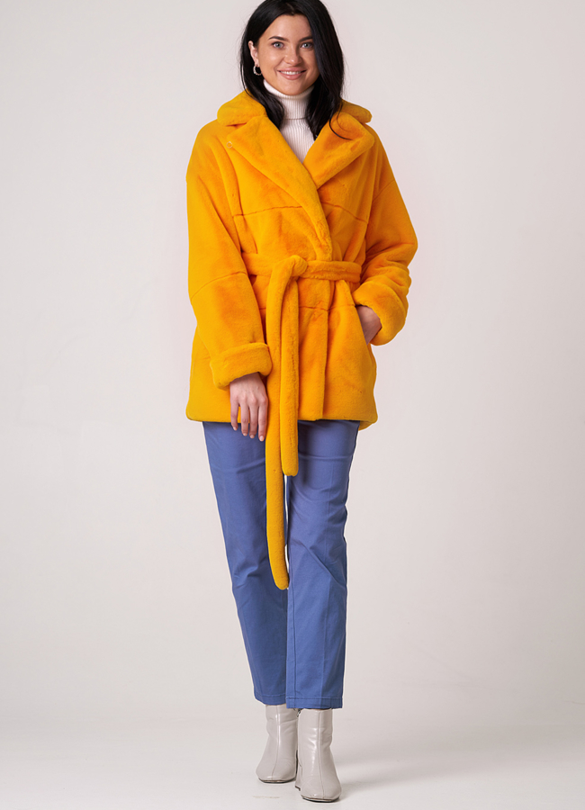 Шуба из искусственного меха с английским воротником модель № 17840 меха малина