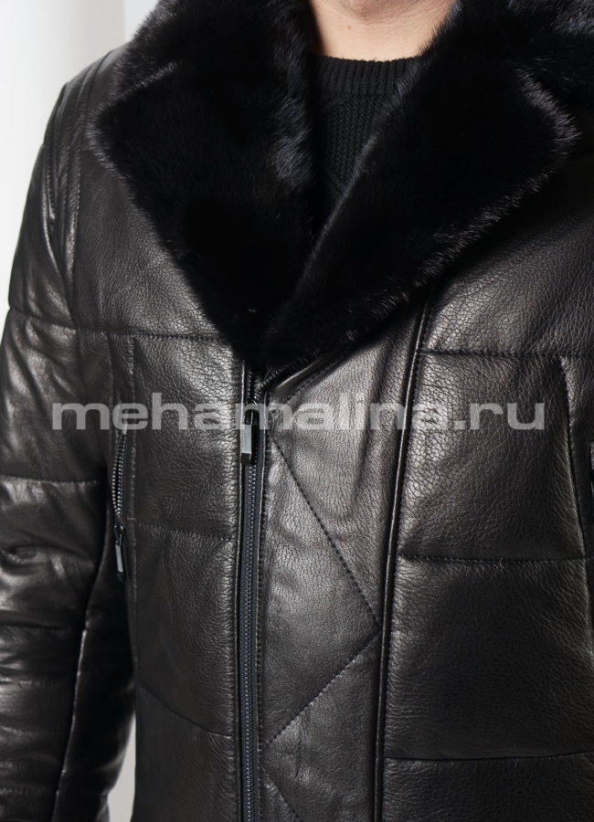 Пуховик из натуральной кожи с английским воротником, отделка норка модель № ПМ-112 универмаг малина