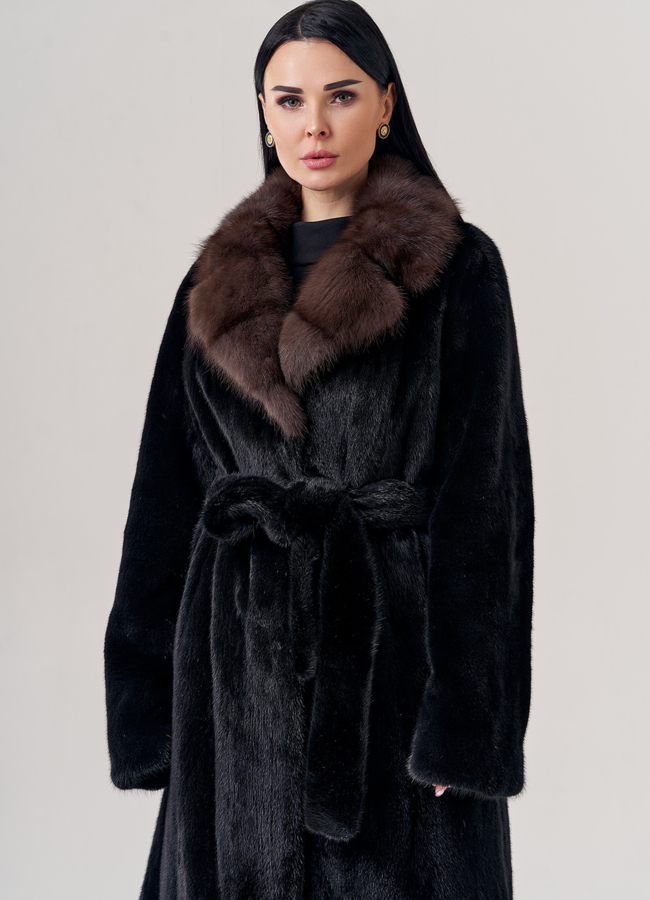 Шуба из норки с английским воротником из куницы  модель № 23839 универмаг малина