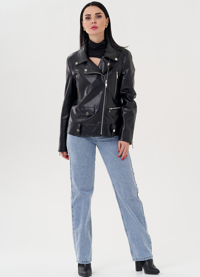 Куртка косуха из эко кожи черного цвета  модель № 24218 в кредит