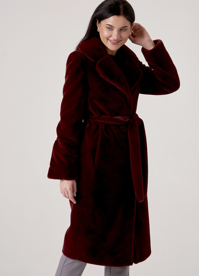 Шуба из искусственного меха в бордовом цвете модель № 1831 меха малина