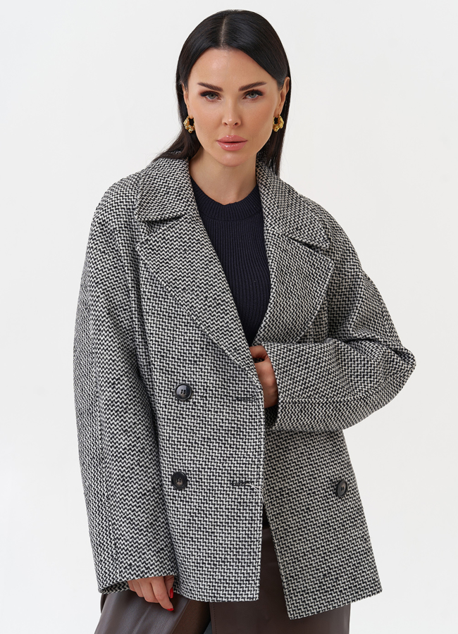 Укороченное двубортное пальто модель № 29889 меха малина Укороченное двубортное пальто модель № 29889 меха малина