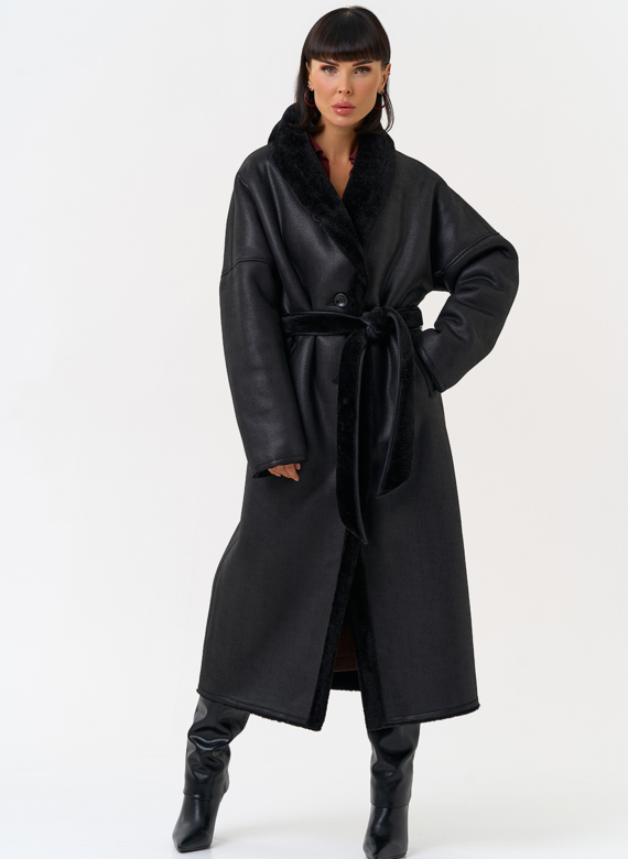 Женская двухсторонняя дубленка из эко замши с воротником шаль