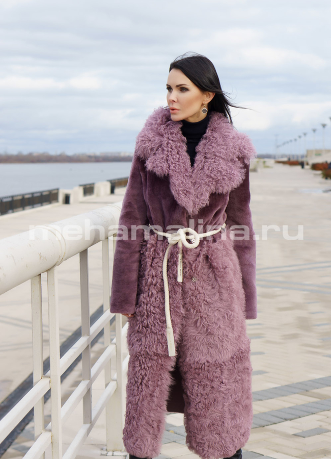 Дубленка из овчины, цвет лиловый, с английским воротником модель № 1416-115 меха малина