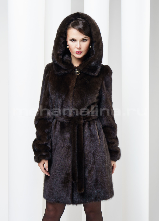 Шуба норка френч 90см, махагон модель № S-168 меха малина