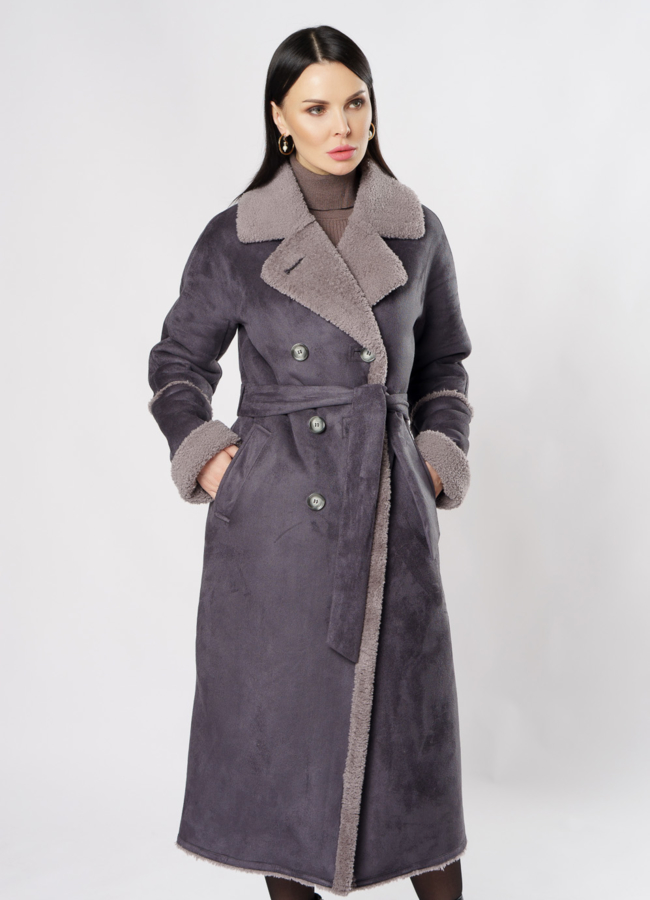 Удлиненная дубленка из эко кожи с поясом модель № 18264 универмаг малина