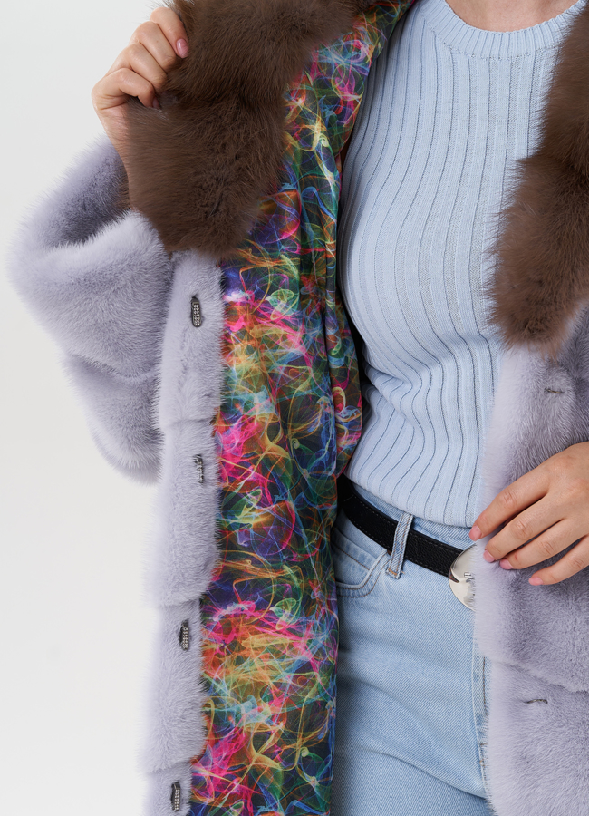 Шуба из меха норки под пояс с капюшоном из куницы модель № 27575 в рассрочку