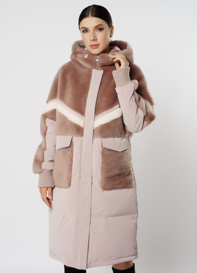 Пуховик комбинированный с эко мехом модель № 18198 меха малина