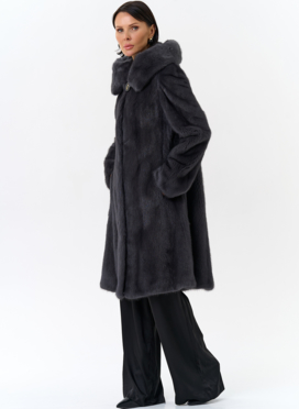 Норковая шуба годе/балетка в роспуск с капюшоном цвета графит