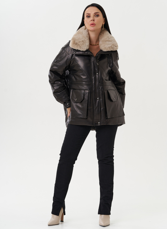 Пуховик из натуральной кожи с отделкой из меха кролика