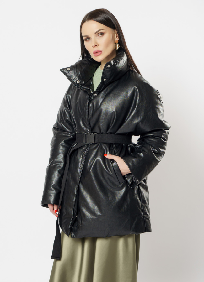 Куртка утепленная из эко кожи черного цвета модель № 20683 в кредит