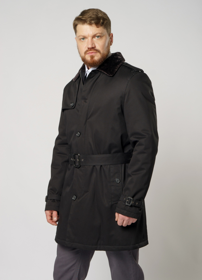 фото Удлиненная куртка черного цвета с поясом на пуговицах модель № DM-137