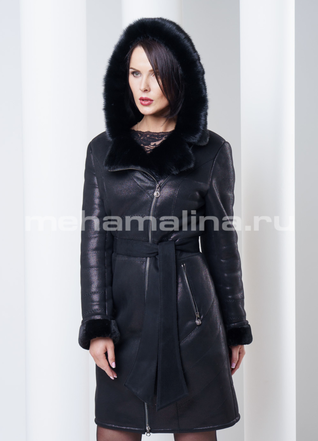 Дубленка черная, с капюшоном модель № D-139 меха малина