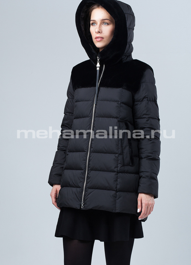 Пуховик женский на биопухе модель № П-276 меха малина