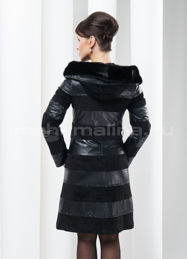 Кожаный плащ на молнии в поперечной раскладке модель № K-184 в рассрочку