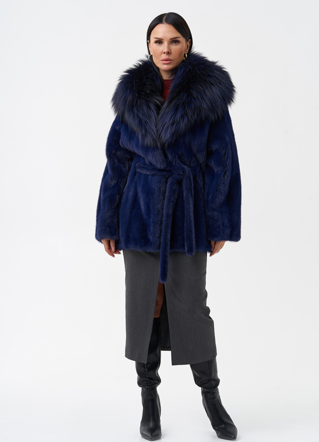 фото Синяя норковая шуба с капюшоном модель № 28098