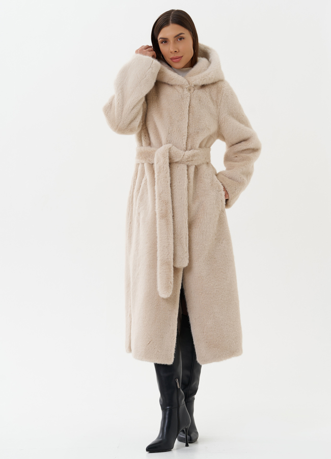 Удлиненная шуба из экомеха с капюшоном модель № 1333 меха малина