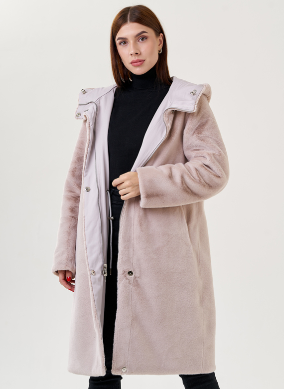 Двухстороннее пальто из эко меха с капюшоном