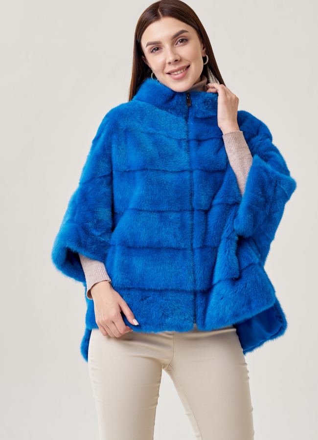 Короткая шуба на молнии синего цвета модель № 21912 меха малина