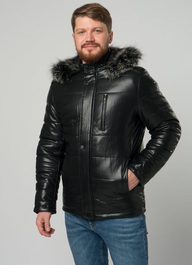 Мужской пуховик из эко кожи черного цвета модель № 21876 меха малина
