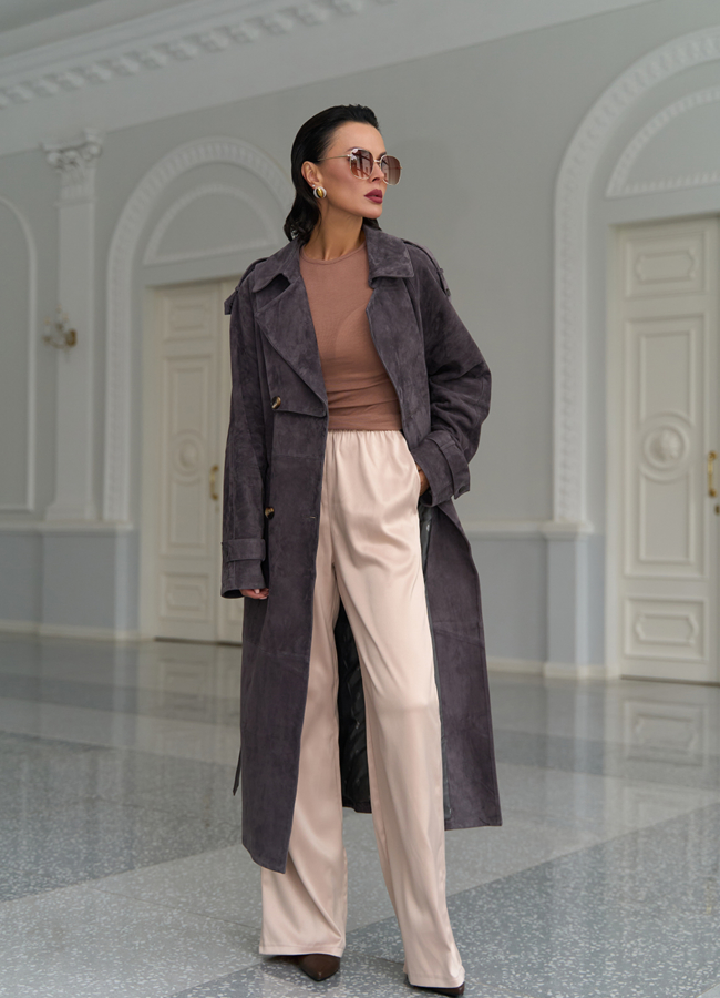 Длинный плащ из натуральной замши модель № 31191 меха малина