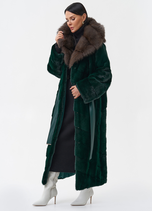 Длинная зеленая шуба из норки модель № 29253 универмаг малина