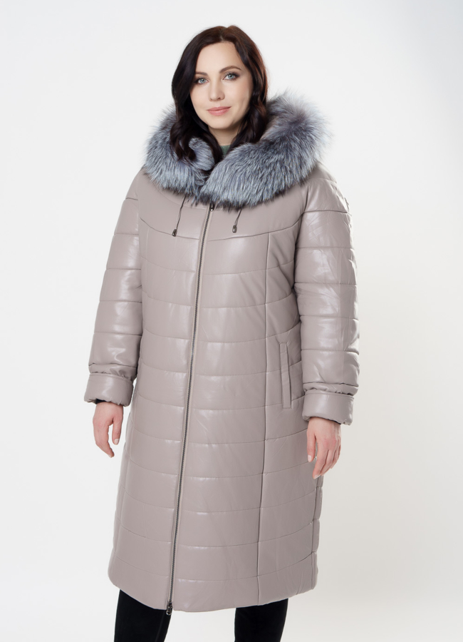 фото Пуховик из эко кожи бежевого цвета модель № 18253