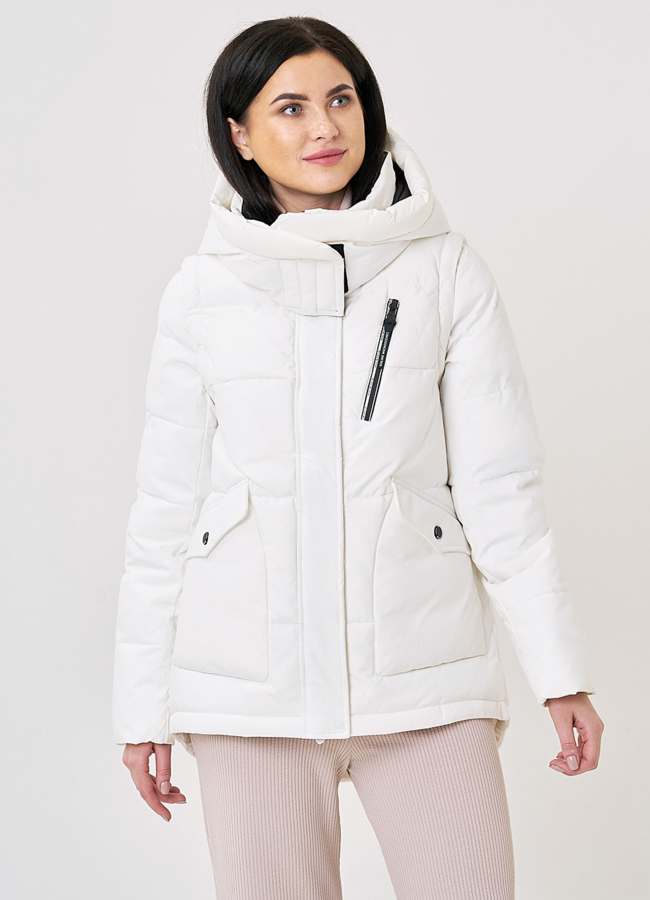 Белый пуховик трансформер с капюшоном модель № 829 меха малина