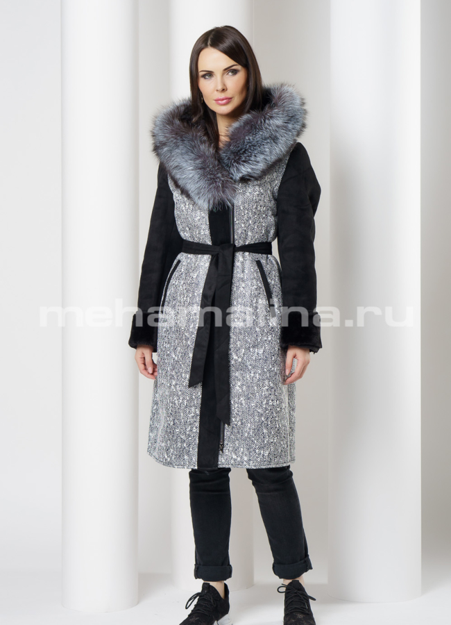 Дубленка из эко меха с капюшоном  модель № 1607 в рассрочку