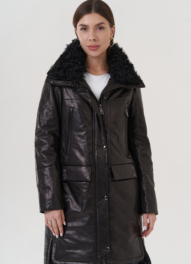 Кожаный пуховик с воротником на молнии и кнопках  модель № 19919 в рассрочку